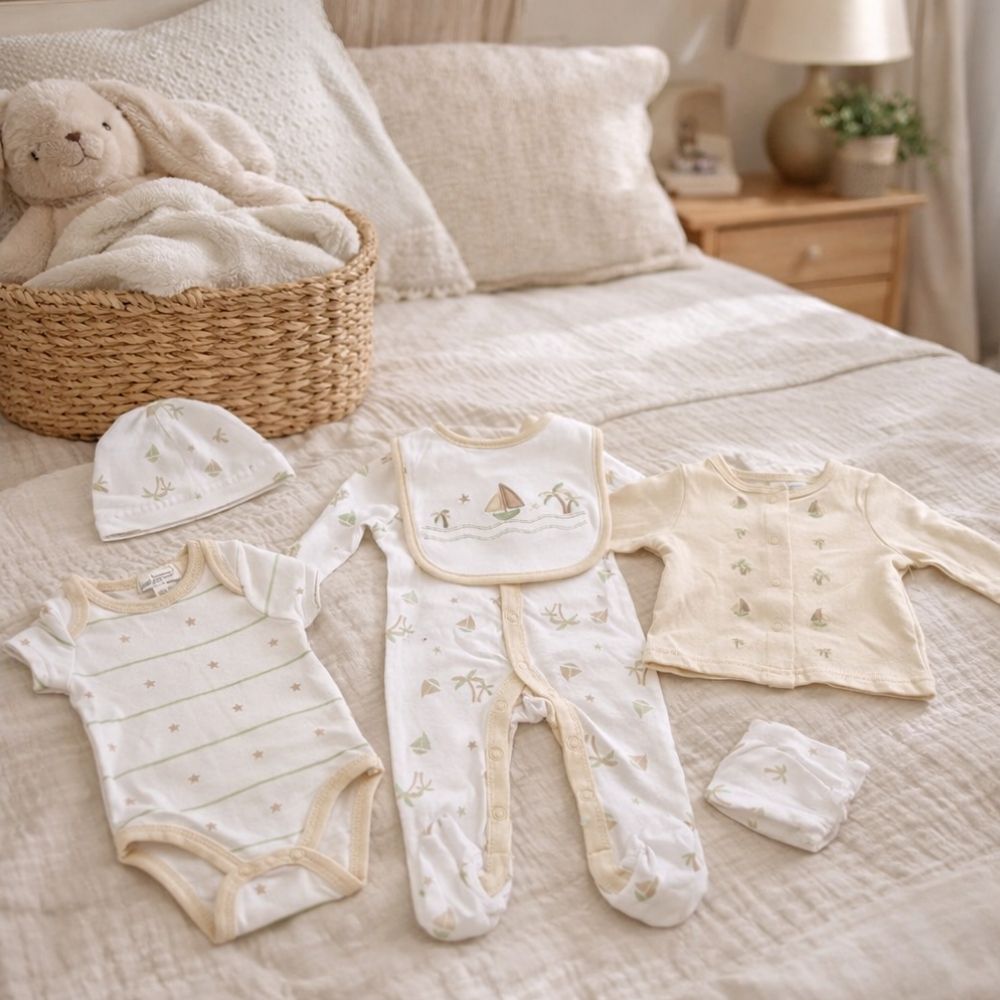 Beige and white baby clothing set with sailboat print