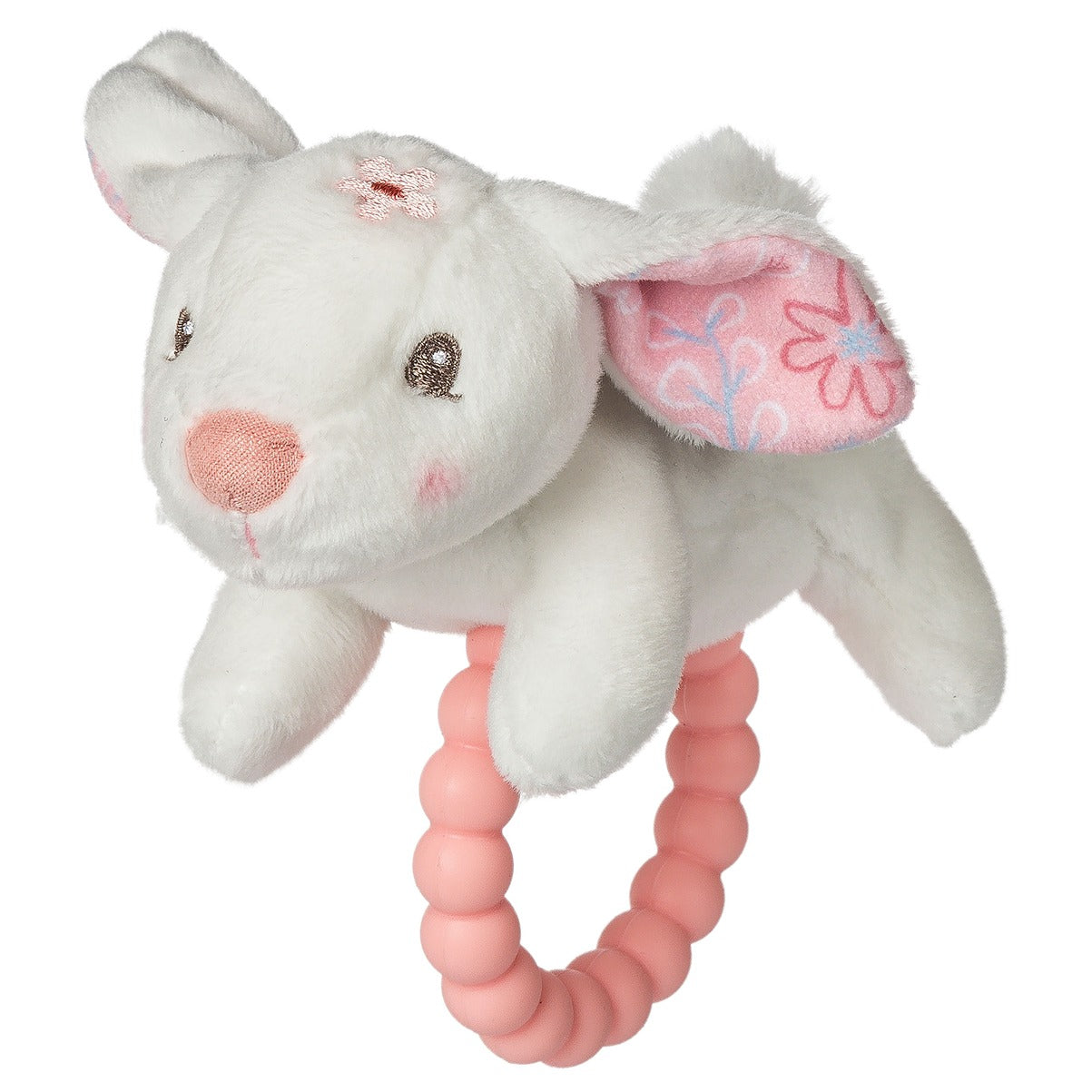 White bunny soft toy rattle with pink silicone teether