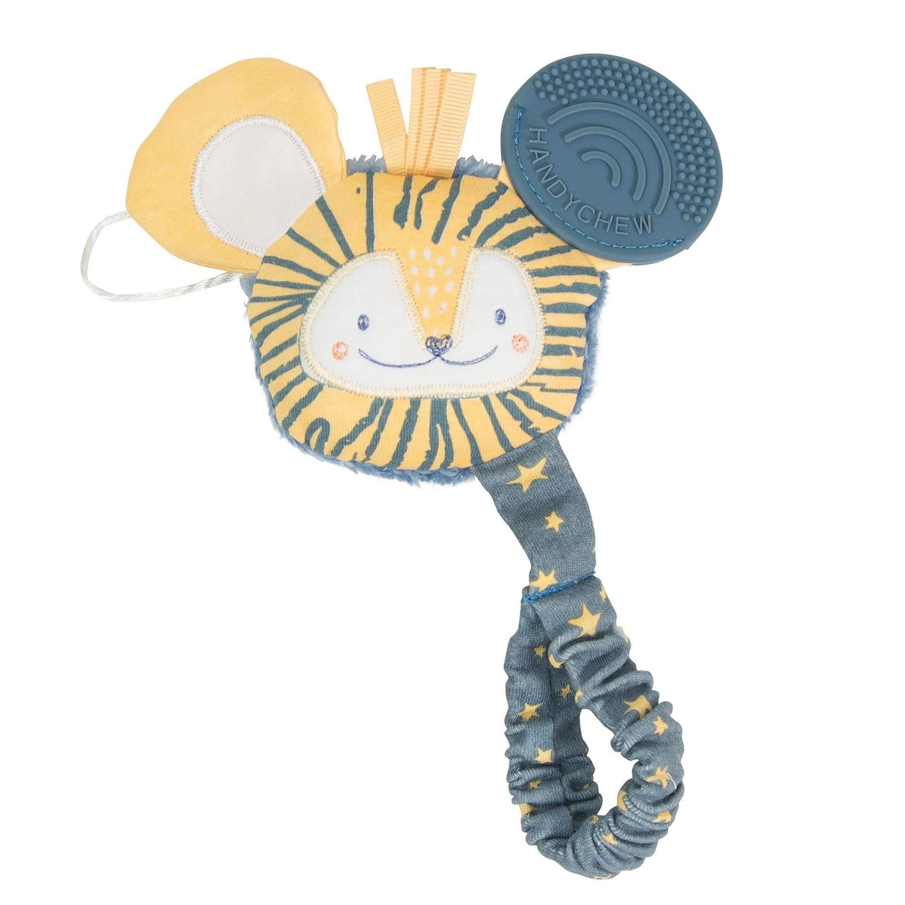 Yellow and blue teething toy with a lion face and stars