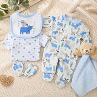 Baby boy clothing gift set in blue and white with a bear
