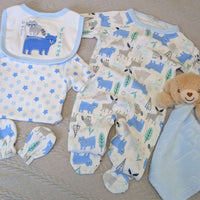 Baby boy clothing gift set in blue and white with a bear
