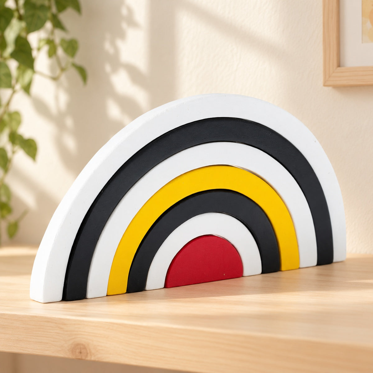 Seven-piece Best Years wooden rainbow stacker in white, black, yellow and red displayed on a wooden playroom shelf.