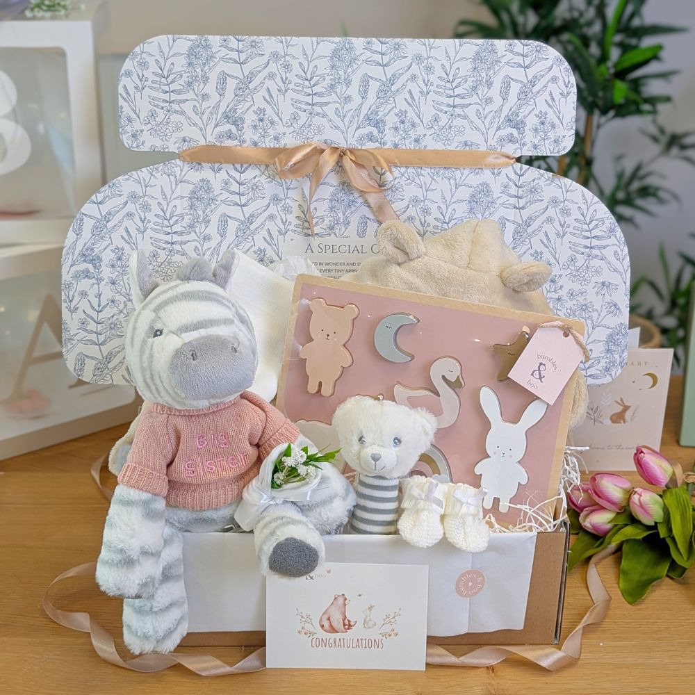 A new baby gift in a hamper with a gift for the big sister.