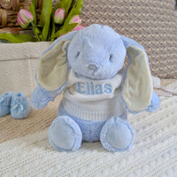 Blue plush bunny with a white jumper and personalisation