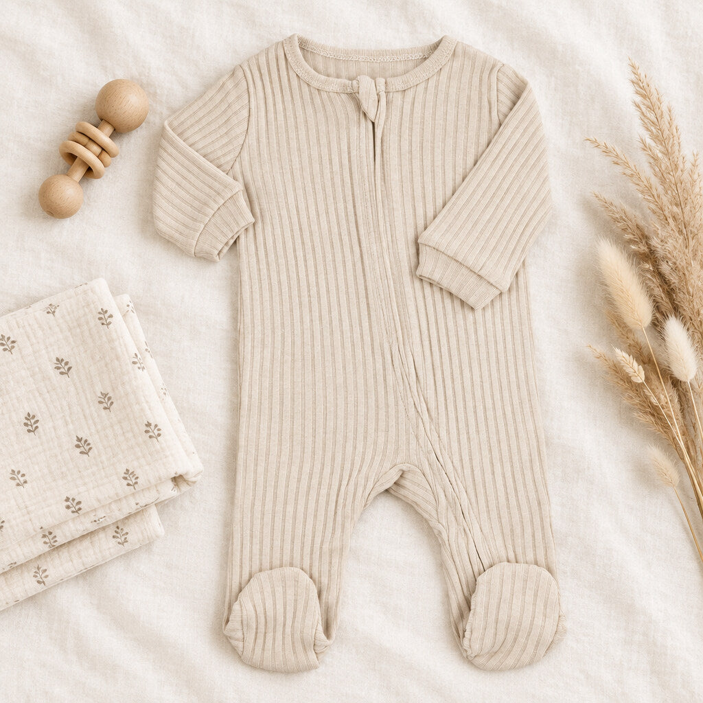 Biscuit beige ribbed baby sleepsuit 0-3 months with zip fastening