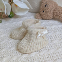 Biscuit Plain Knit Baby Bootees with Bow  From Newborn Booties.