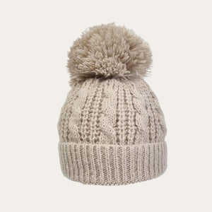 Biscuit Pearl & Cable Knit Baby Hat with Large Pom Pom  Newborn to 12 Months Baby Hat.