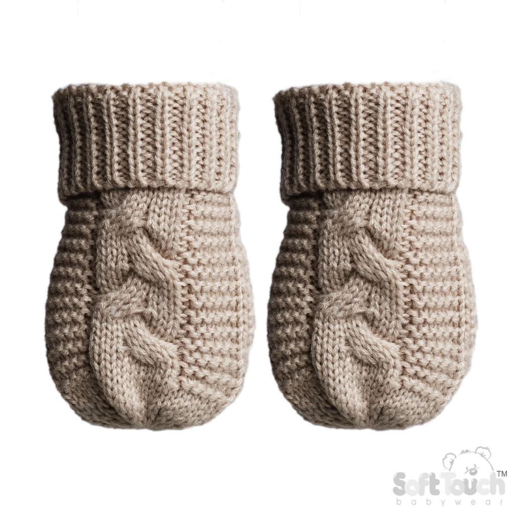 Recycled Cable Knit Mittens - Biscuit Baby Hat and Mitten Set