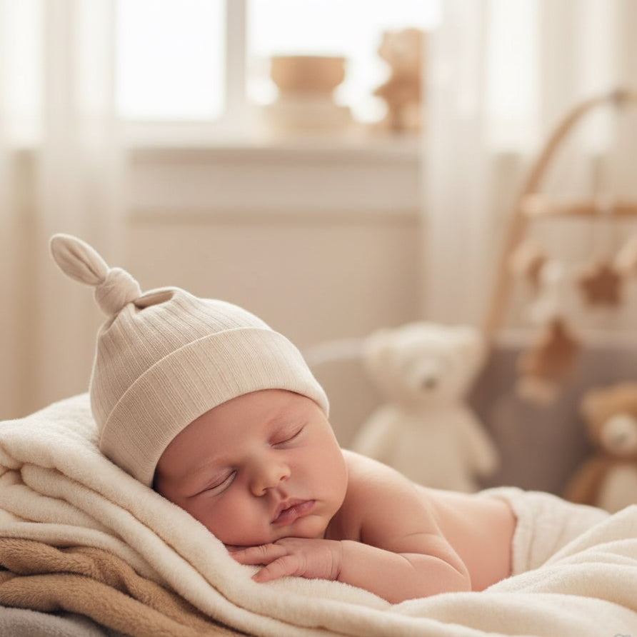Biscuit ribbed Baby Hat with knotted top
