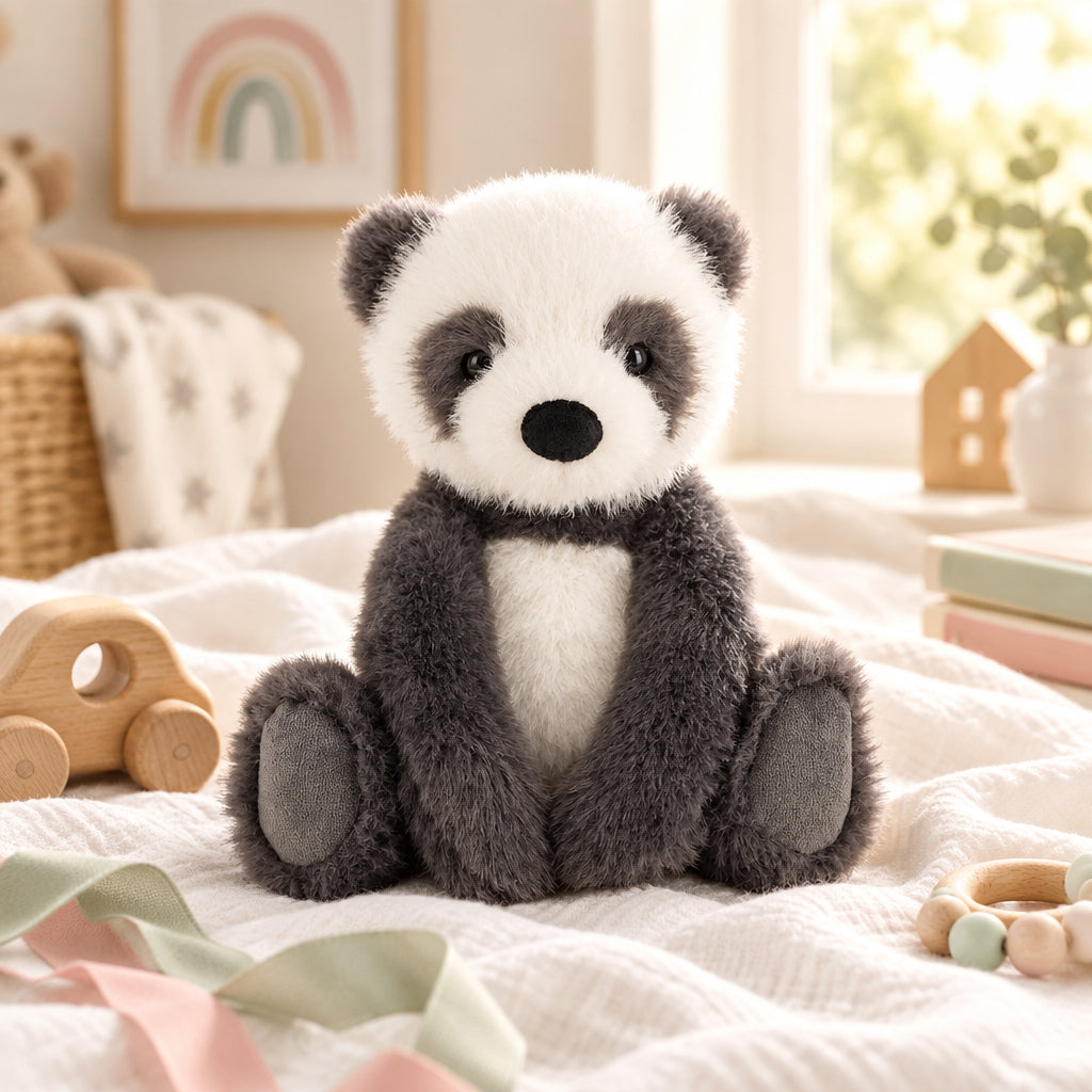 Black and white panda soft toy measuring 20 cm