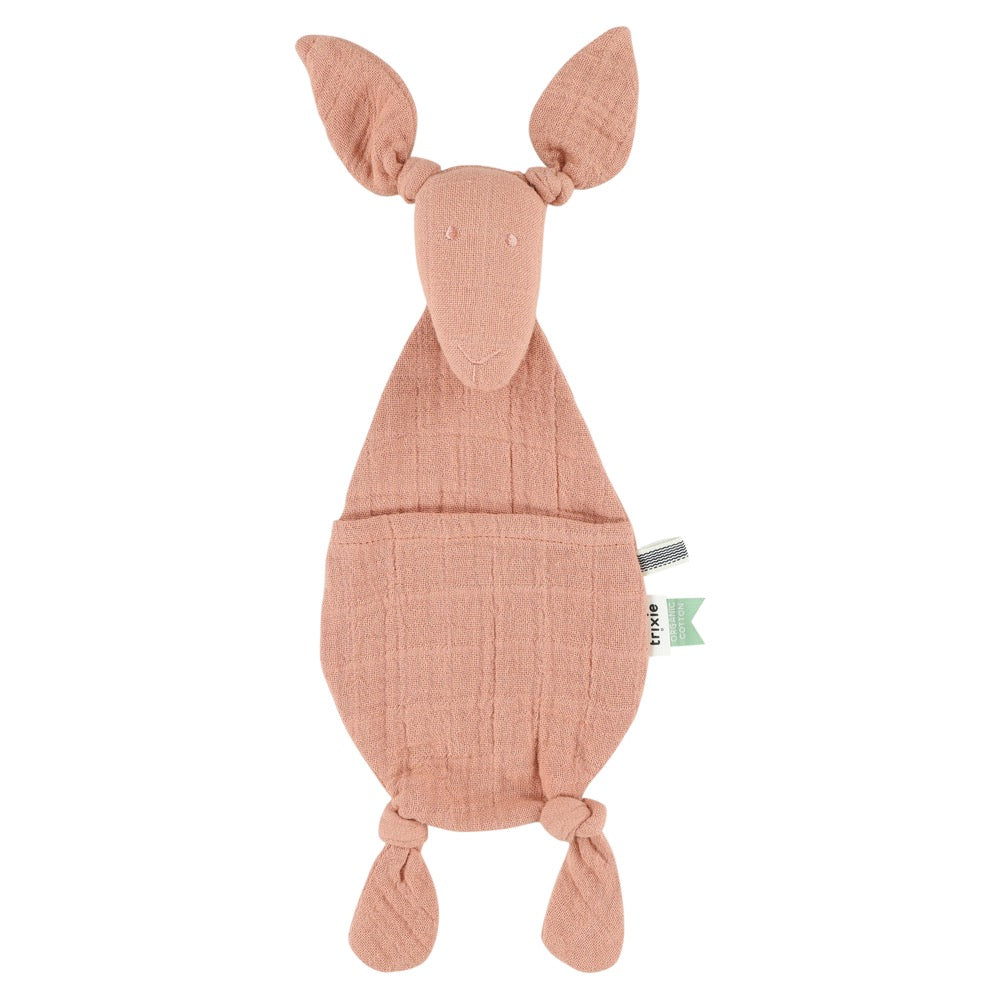 Pale coral kangaroo comforter toy with pouch.