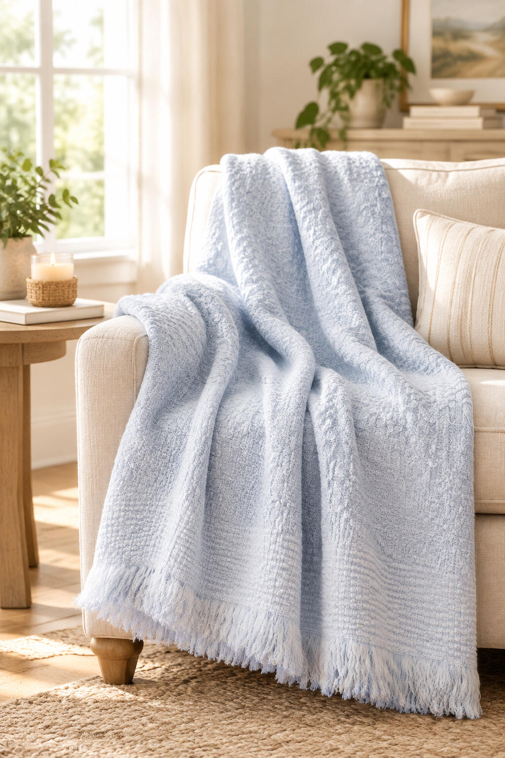 Blue 100% acrylic baby shawl measuring 120 x 120 cm