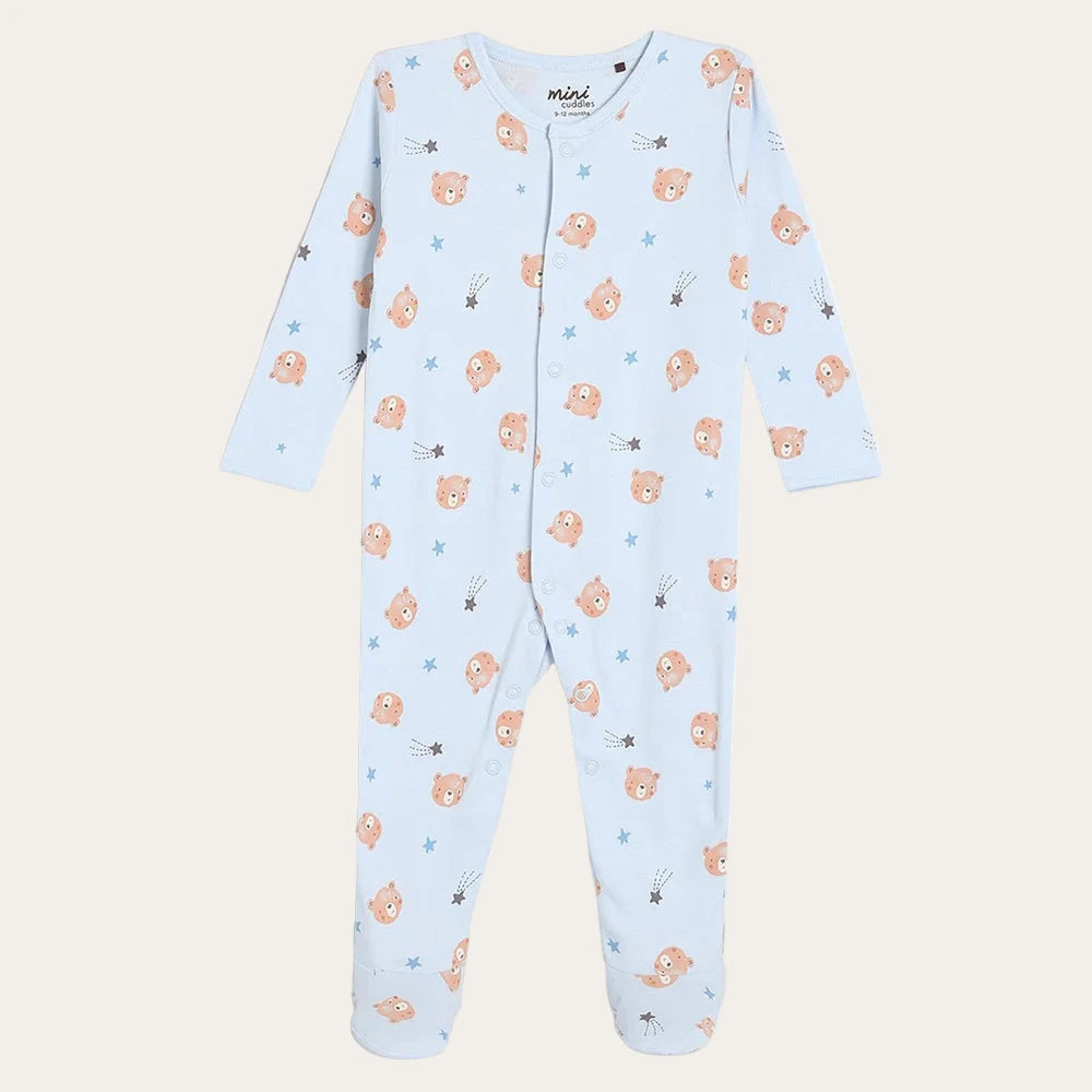 Blue baby sleepsuit with all over bears and stars