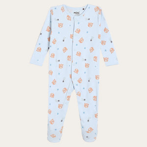 Blue baby sleepsuit with all over bears and stars