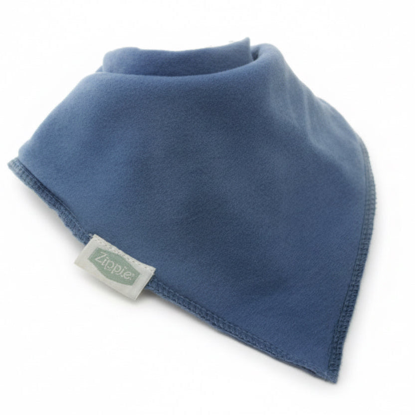 Dark blue baby bandana dribble bib with soft cotton fabric and triangle shape, designed for everyday baby wear and feeding.