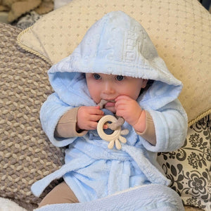 Blue baby bath robe with embossed animals