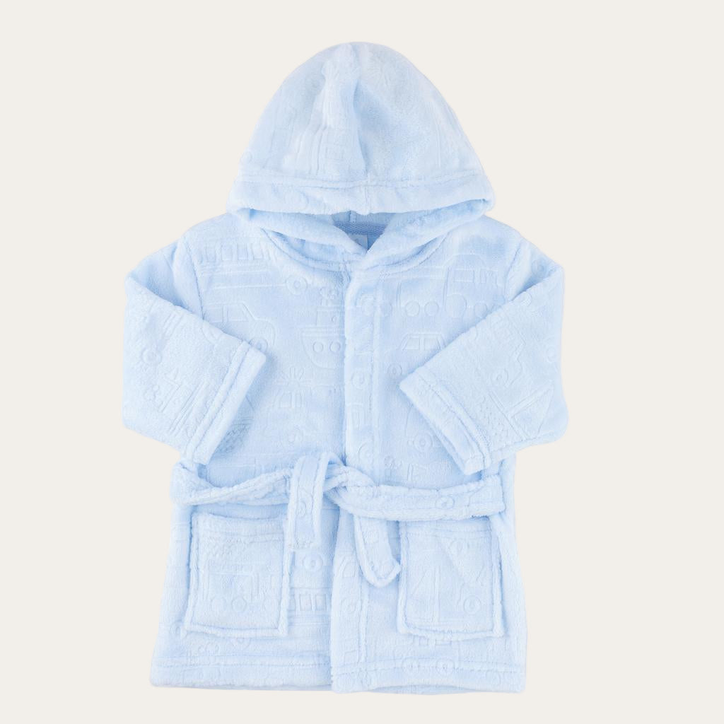 Blue Hooded Baby Bath Robe – Vehicle Embossed Design
