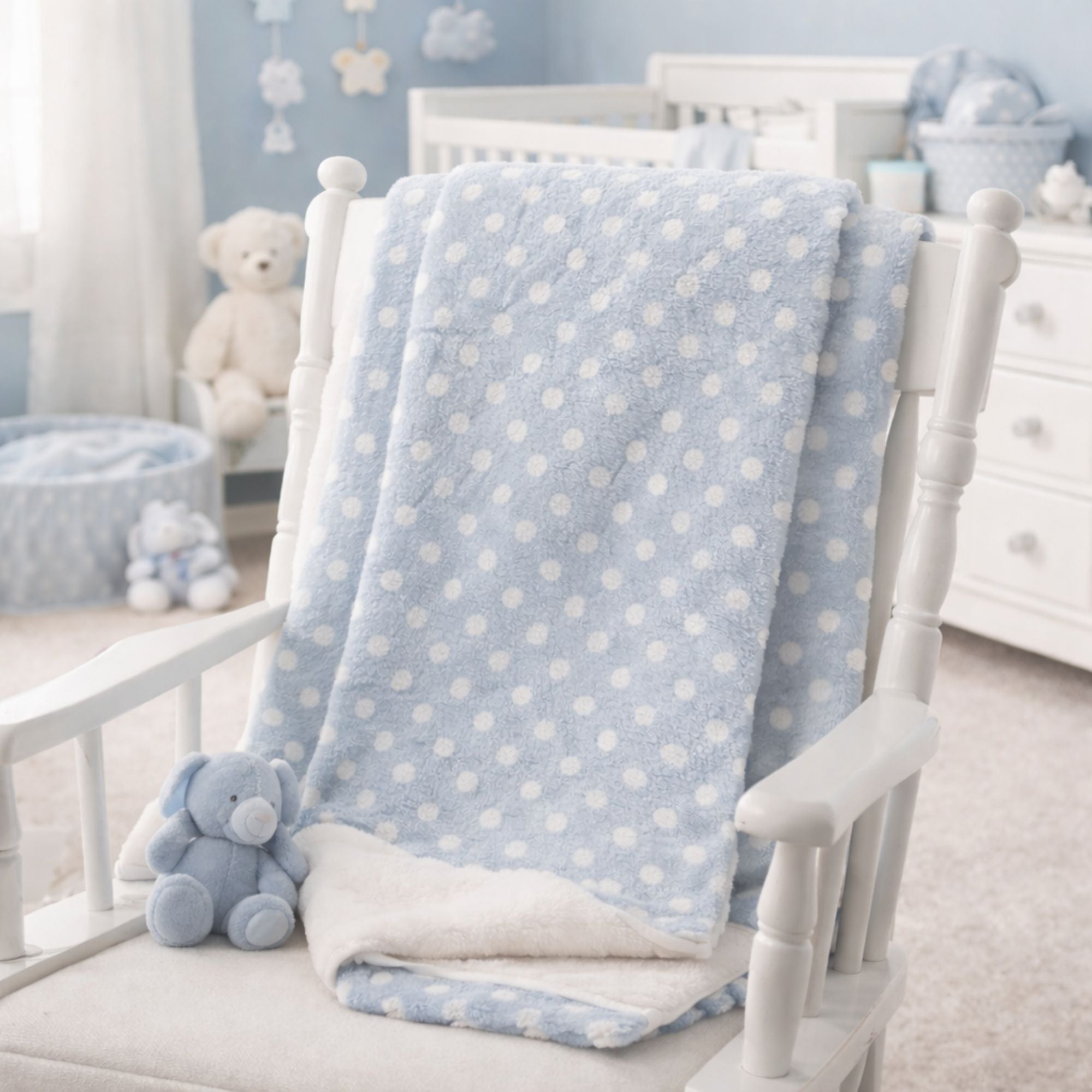 Blue and white baby blanket with spots