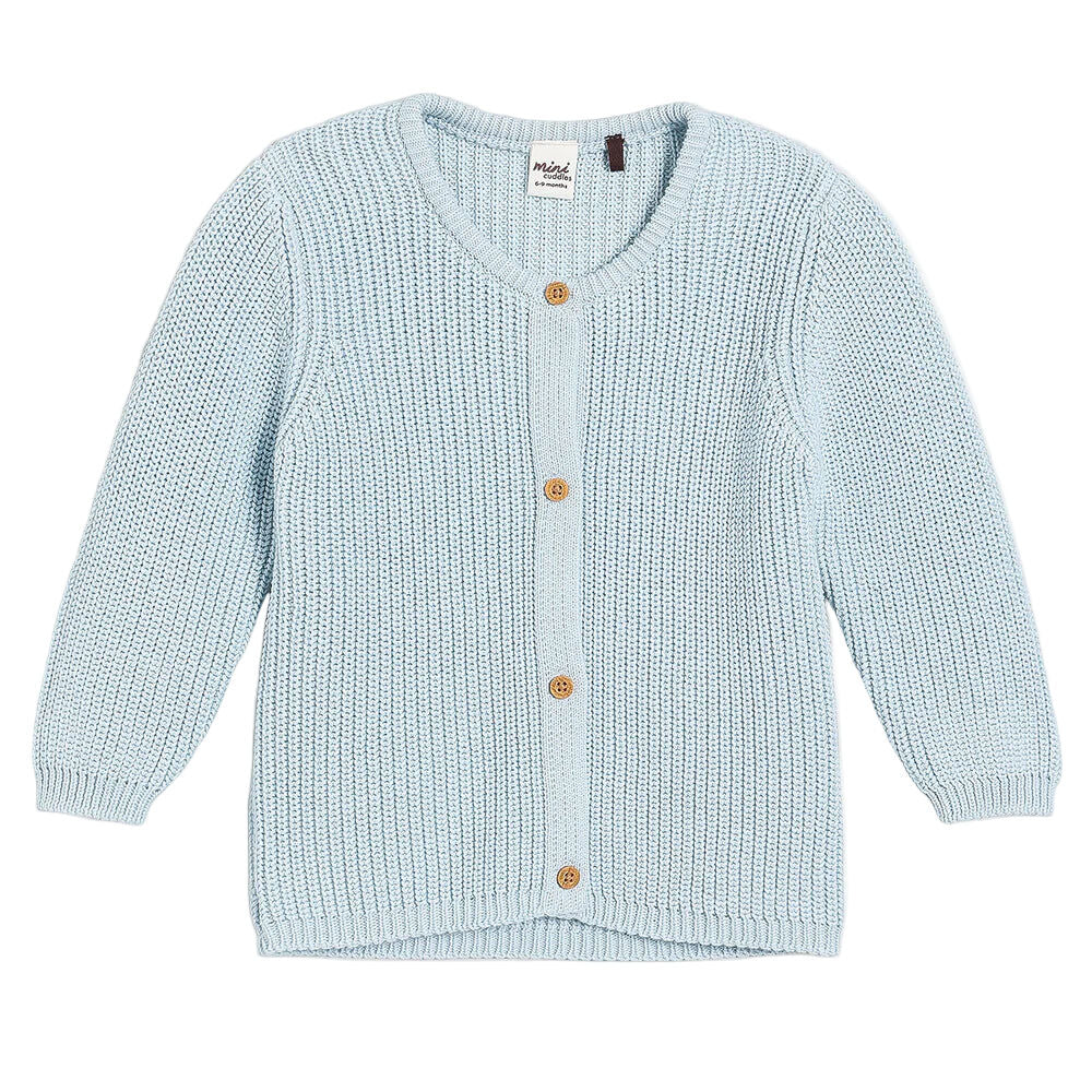 Light blue knitted baby cardigan with button details