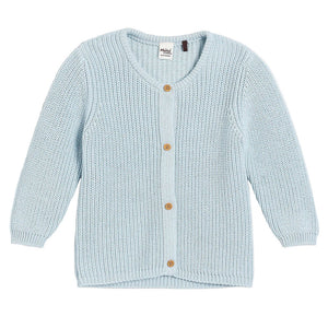 Light blue knitted baby cardigan with button details