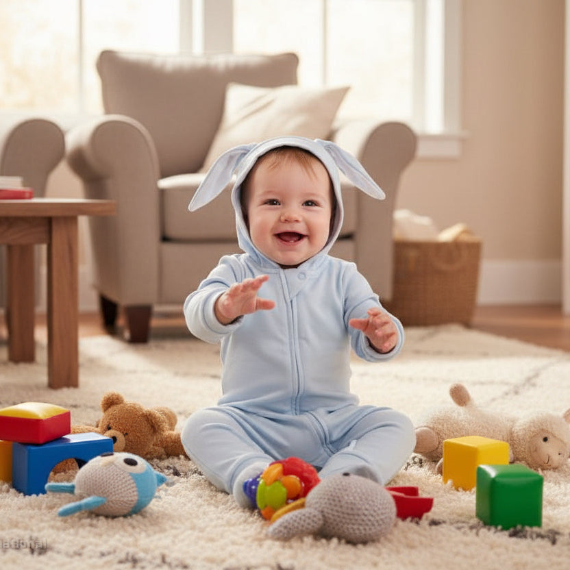 A blue personalisable baby grow with bunny ears