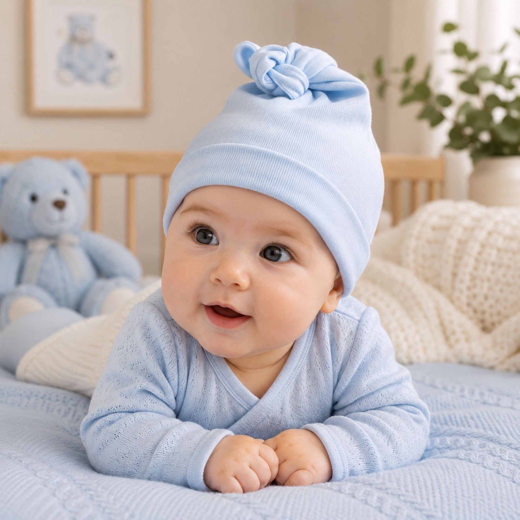Light blue baby cotton hat with a knot.