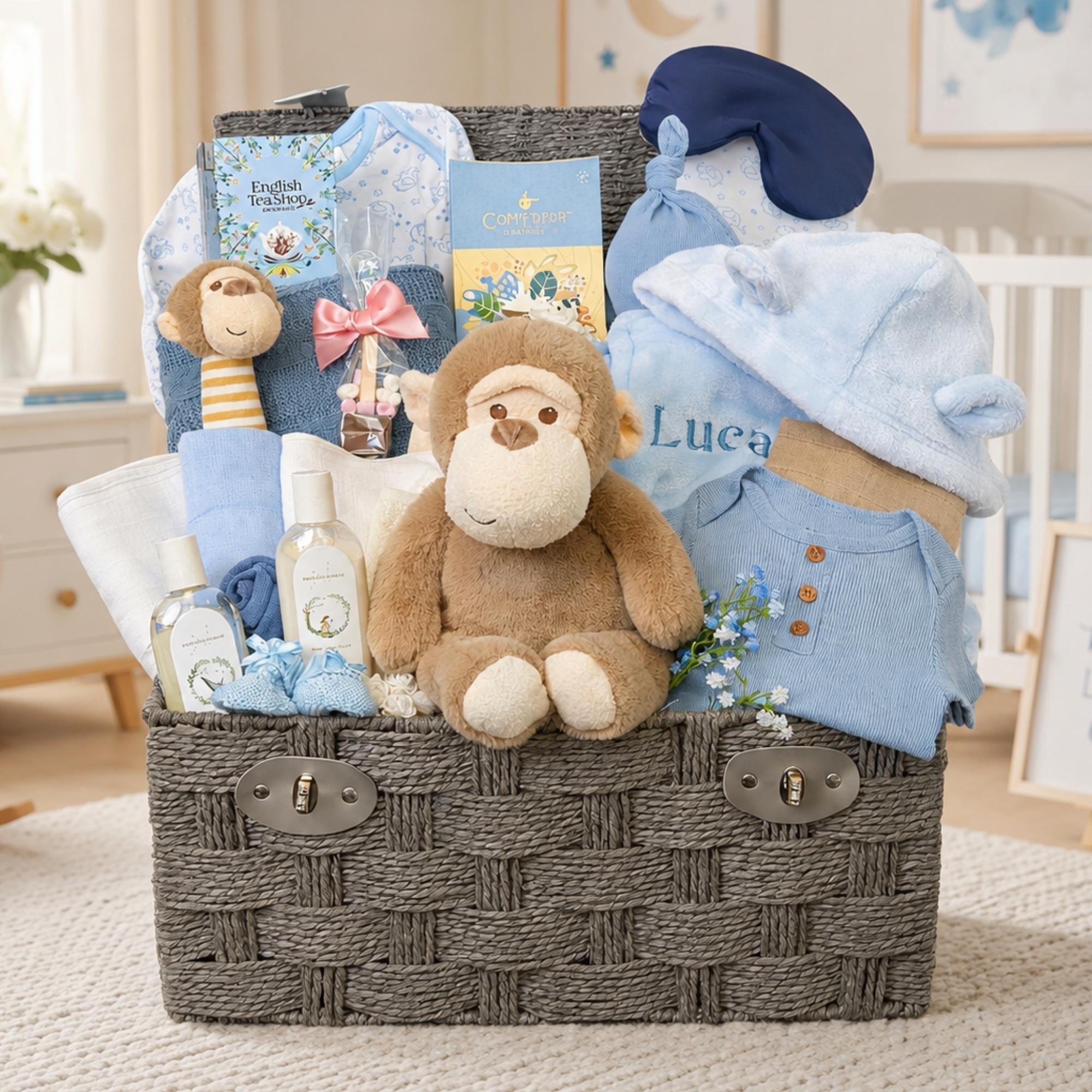 Blue monkey themed baby boy gift hamper. Soft toy and rattle with blanket and personalisation option.