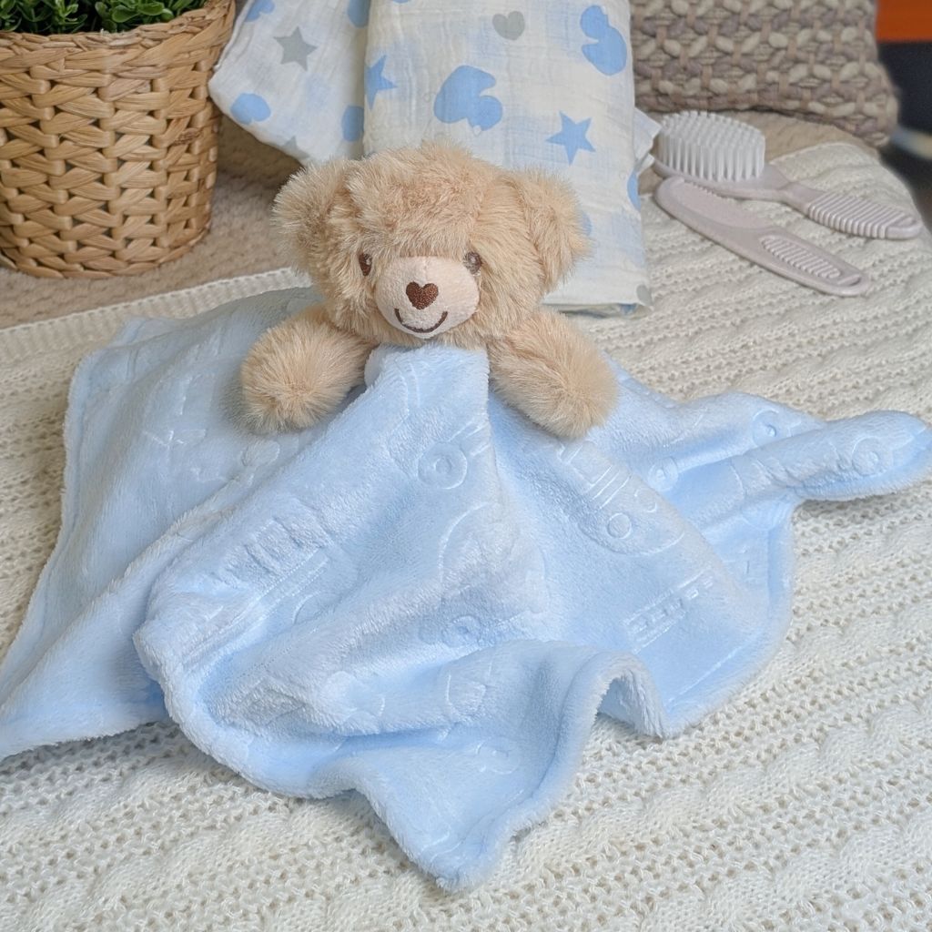 Blue Bear Car Embossed Baby Comforter – 36 x 36 cm
