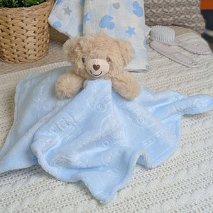 Blue Bear Car Embossed Baby Comforter – 36 x 36 cm