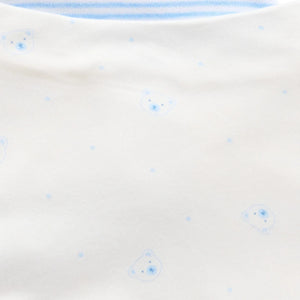 Close up of blue bear dribble bib in soft organic cotton