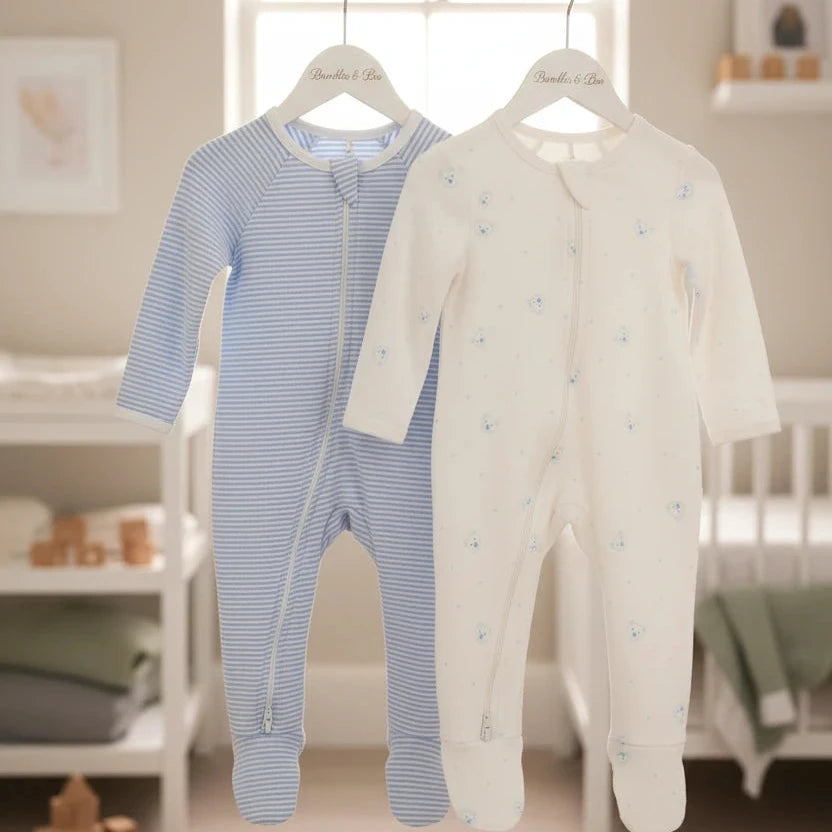 Two Blue Bear baby zip growsuits made from 100% organic cotton