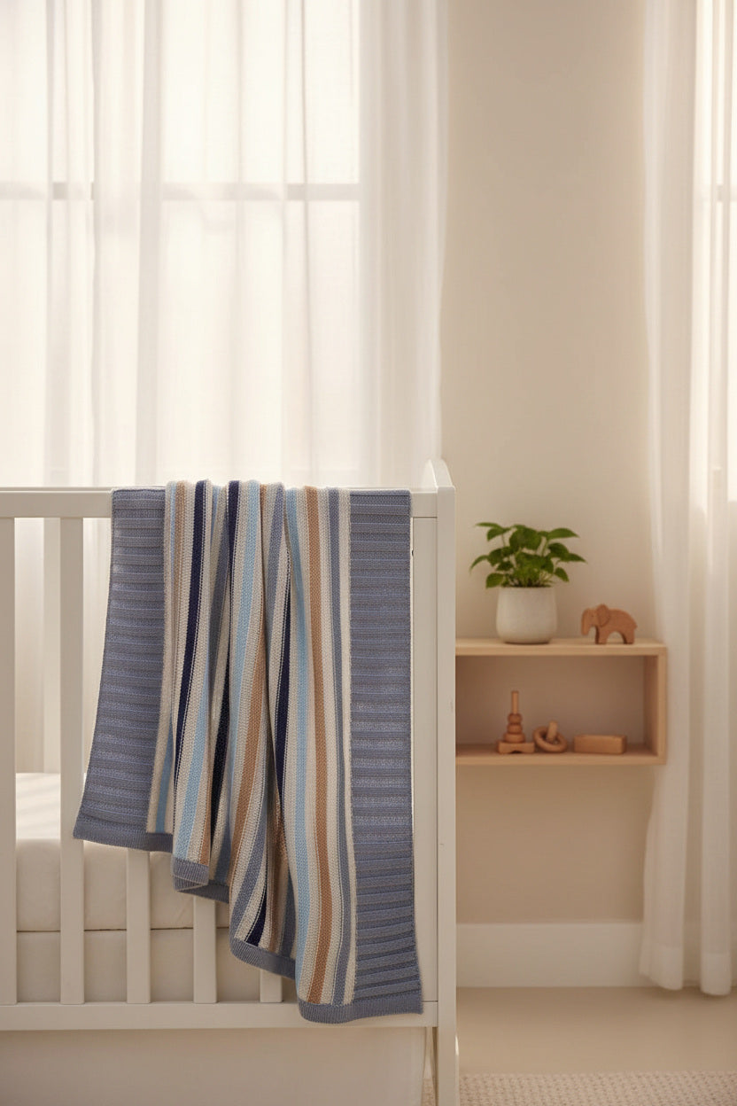 Blue and beige striped knitted cotton Baby Blanket