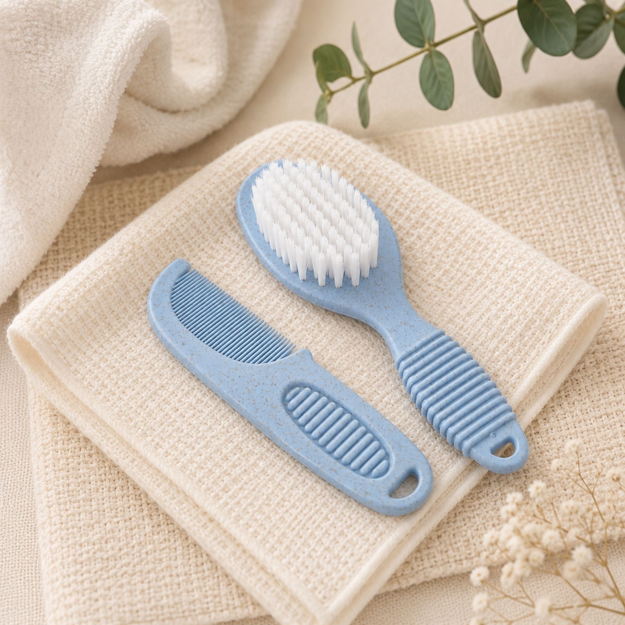 Baby Brush & Comb Set  Natural Materials, Blue Baby Brush Set.
