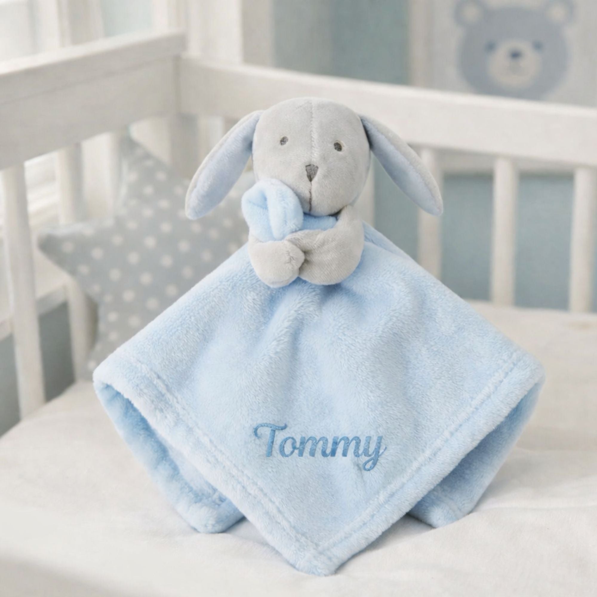 A blue bunny rabbit baby comforter with personalised name in embroidery