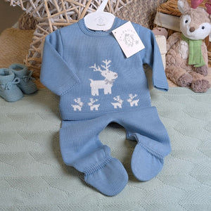 blue Christmas baby outfit with a reindeer