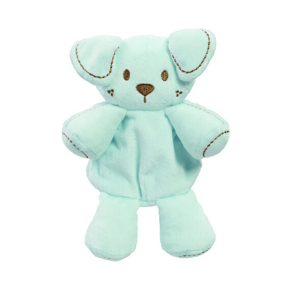Blue puppy soft toy with brown embroidery