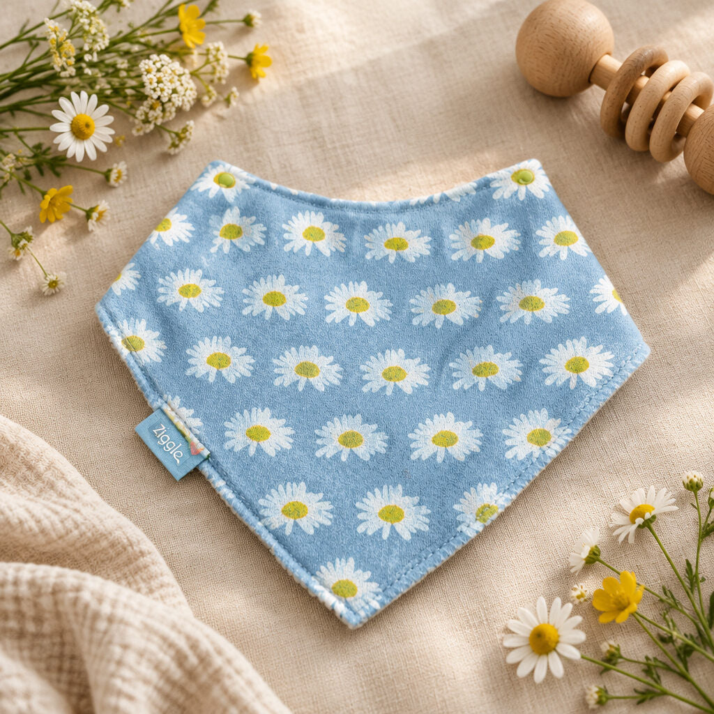 Pale blue baby bandana bib with white daisies and yellow flower centres laid flat