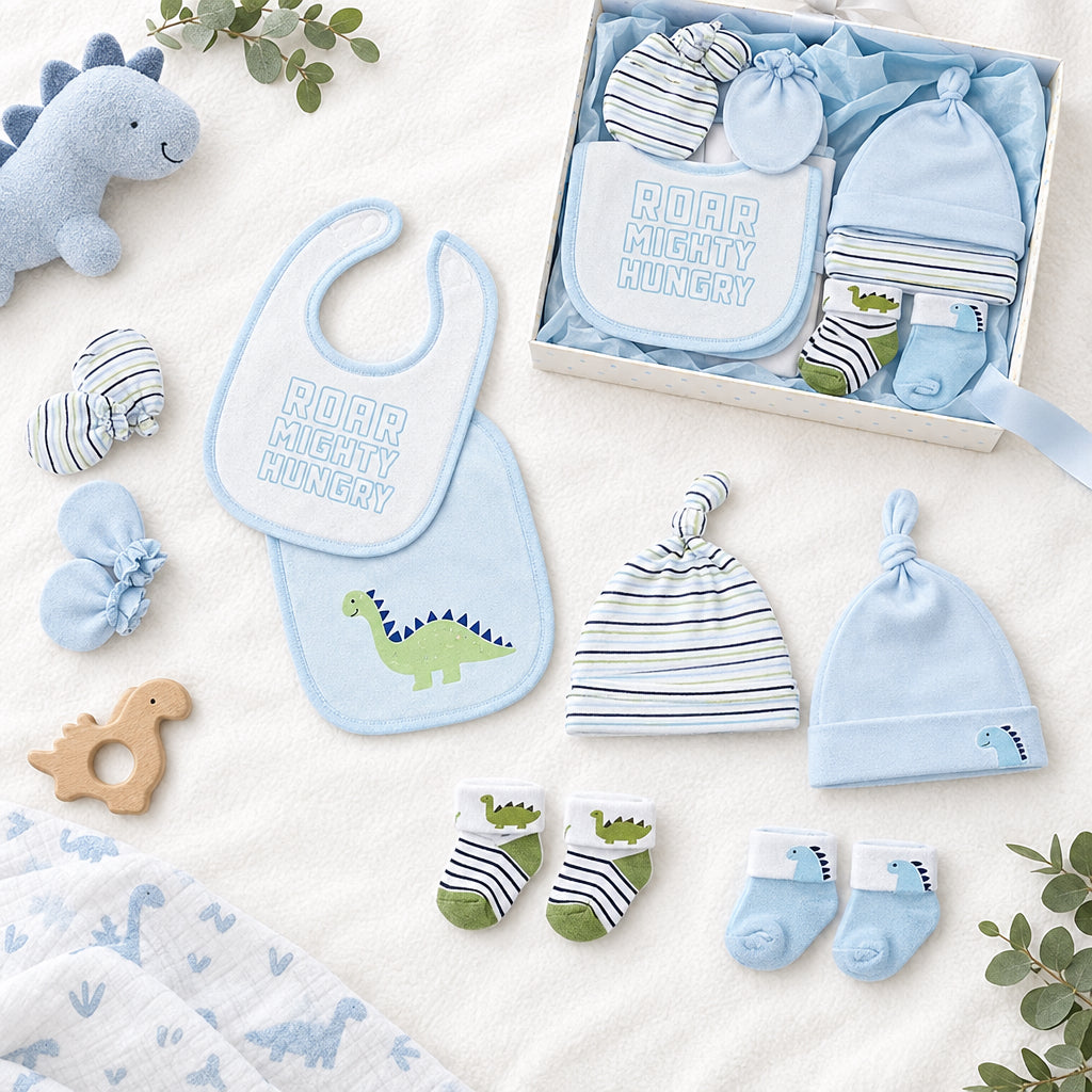 Blue dinosaur 8 piece newborn baby gift set with bibs hats mittens and socks