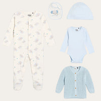 Blue elephant baby boy clothes set with 5 pieces, sleepsuit, hat, long sleeve bodysuit bib and cardigan.