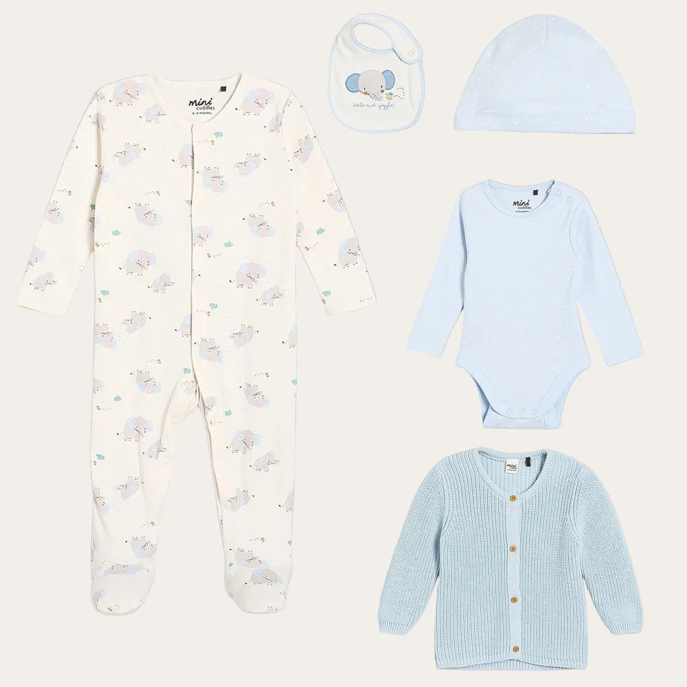 Blue elephant baby boy clothes set with 5 pieces, sleepsuit, hat, long sleeve bodysuit bib and cardigan.