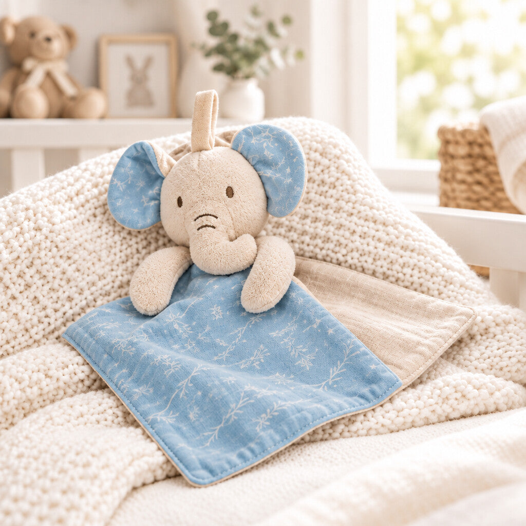 Blue elephant baby comforter measuring 30 x 30 cm