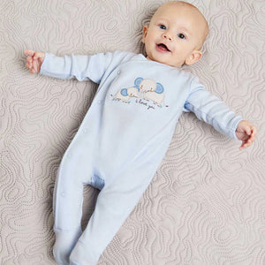 Blue baby sleepsuit with elephant embroidery