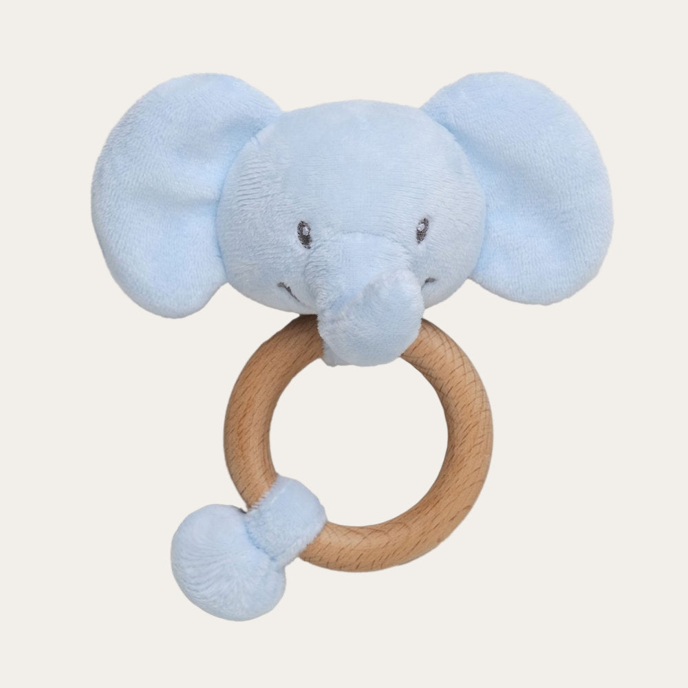 Blue elephant-shaped teething ring with wooden ring