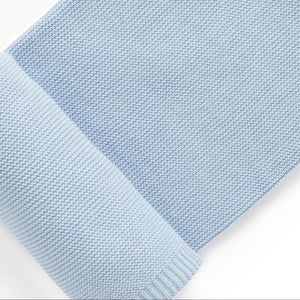 Blue essentials organic baby blanket with textured knit and ribbed trim border