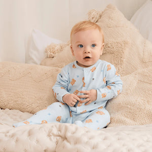 Blue and grey teddy baby sleepsuits two pack