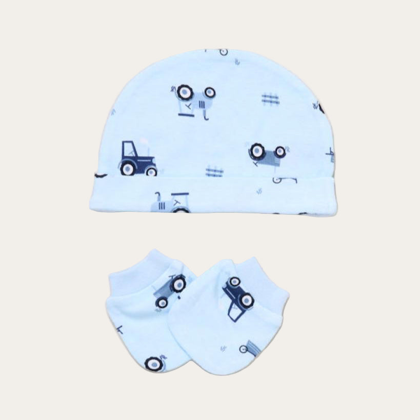 Blue baby hat with tractor and field print