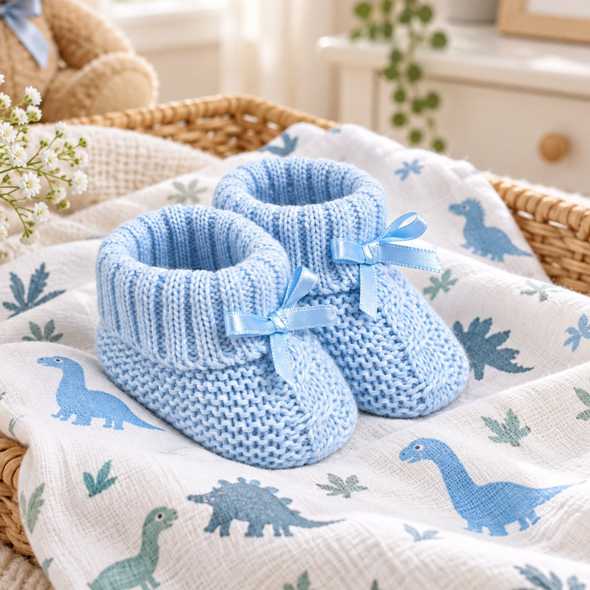 A pair of light blue knitted baby booties with matching ribbon bows