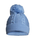 Blue knit pom pom hat made from recycled materials