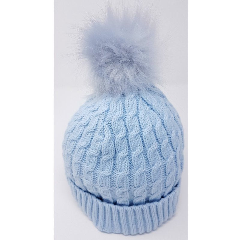 Blue cable knit pom-pom hat