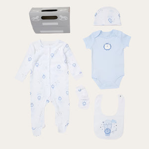 White and Blue Lion Balloon Baby Layette Set – 5 Piece